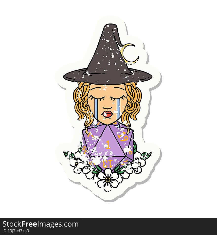 grunge sticker of a crying human witch with natural one D20 dice roll. grunge sticker of a crying human witch with natural one D20 dice roll