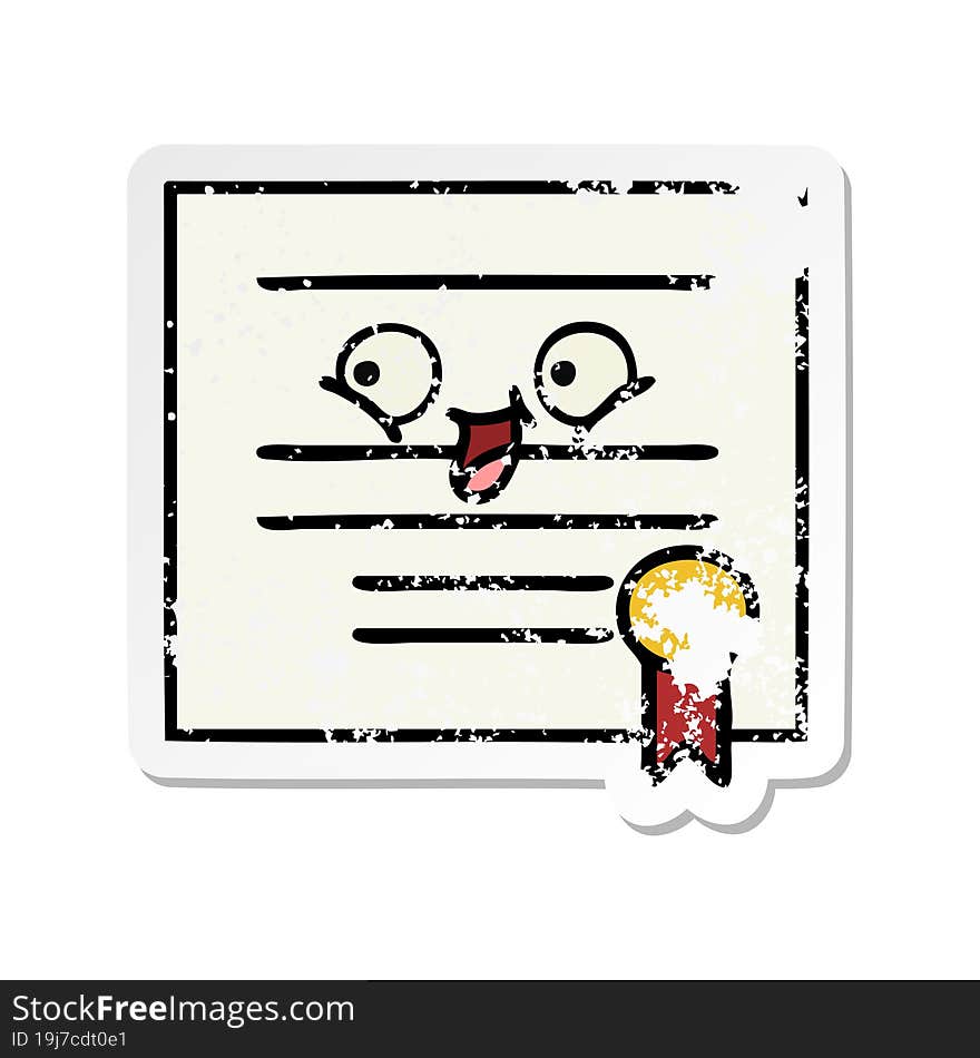 distressed sticker of a cute cartoon graduation diploma