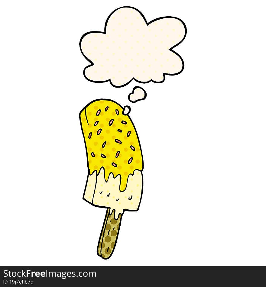 cartoon ice cream lolly and thought bubble in comic book style