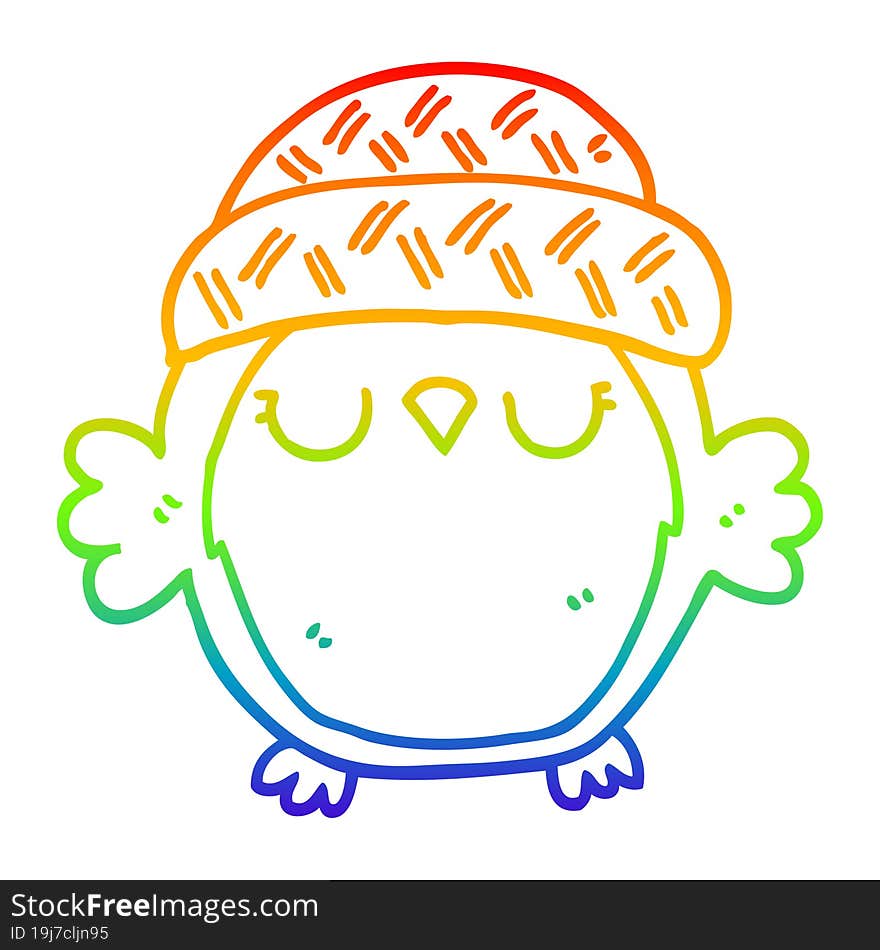 Rainbow Gradient Line Drawing Cute Cartoon Owl In Hat