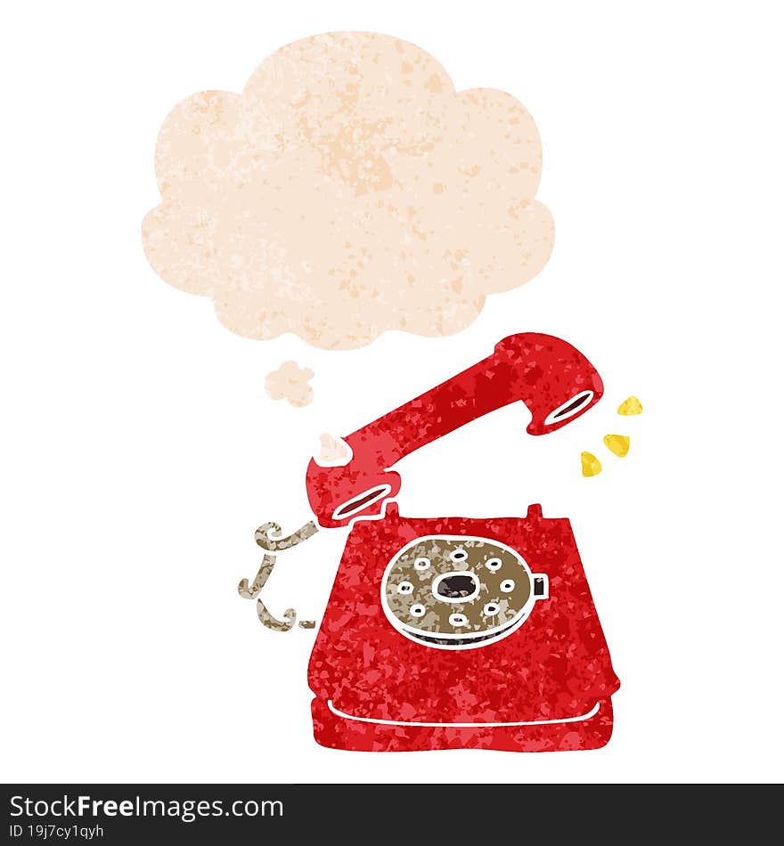 cartoon ringing telephone and thought bubble in retro textured style