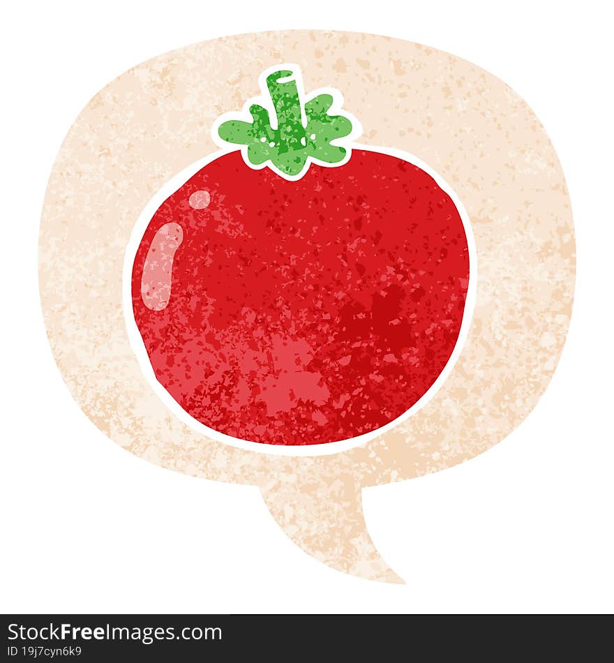 cartoon tomato and speech bubble in retro textured style