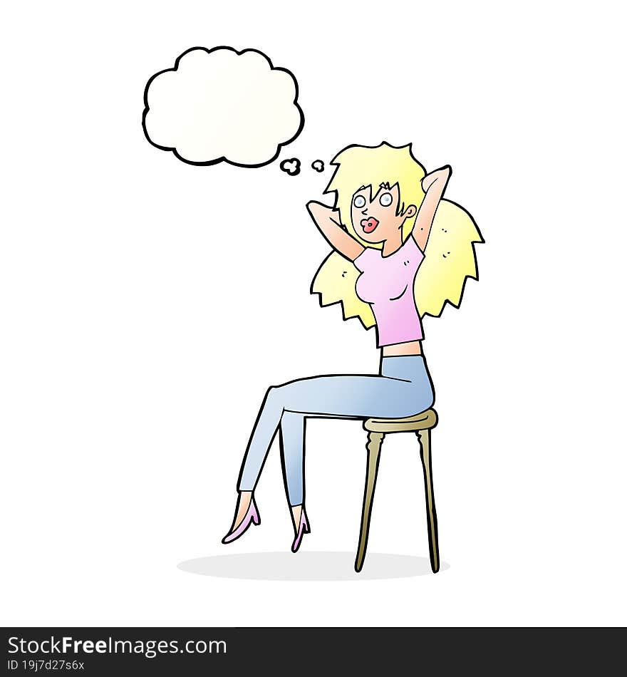 cartoon woman posing on stool with thought bubble