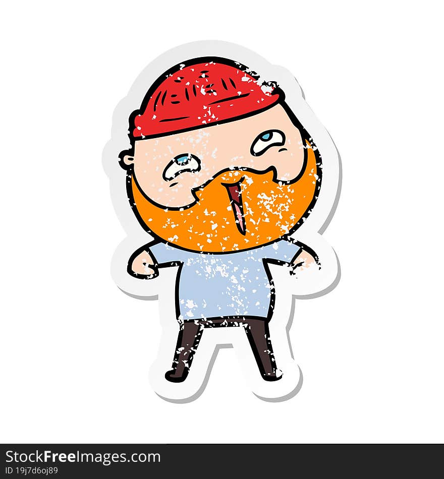 distressed sticker of a cartoon happy bearded man