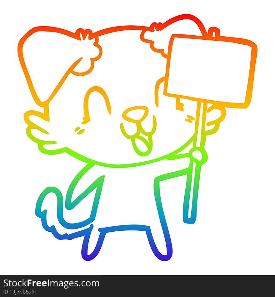 rainbow gradient line drawing of a laughing cartoon dog with sign