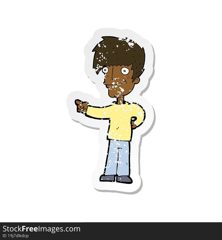 retro distressed sticker of a cartoon man pointing