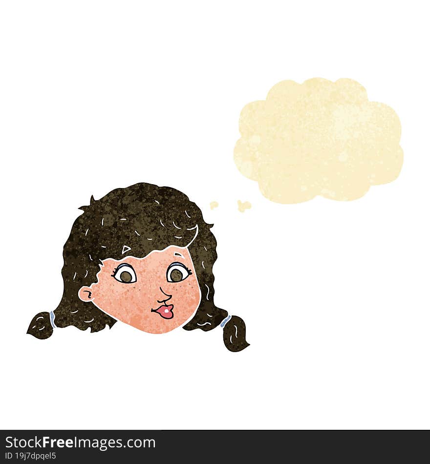 cartoon pretty female face with thought bubble