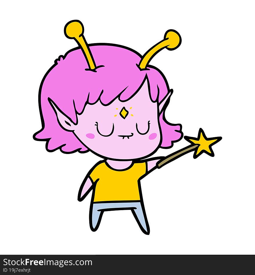 cartoon alien girl with wand. cartoon alien girl with wand