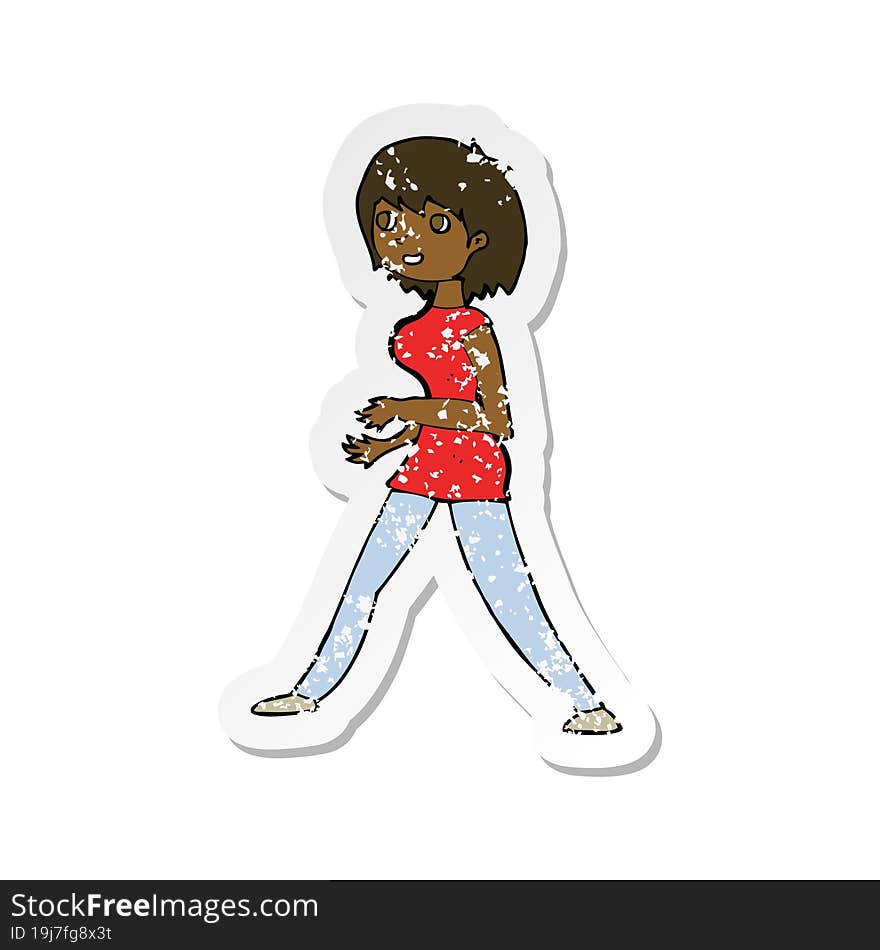 Retro Distressed Sticker Of A Cartoon Woman Walking