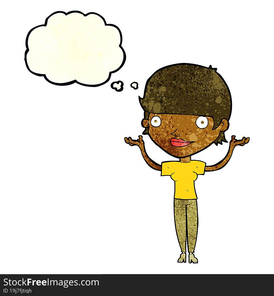 cartoon woman holding arms in air with thought bubble