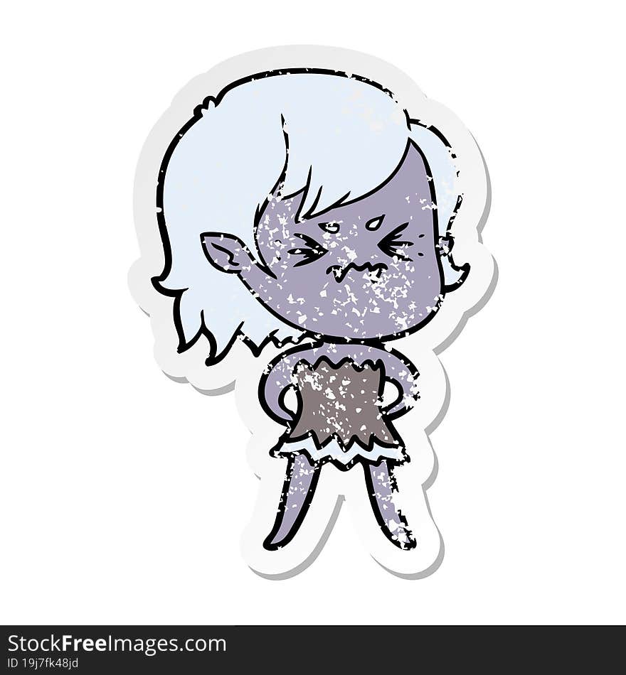 distressed sticker of a annoyed cartoon vampire girl