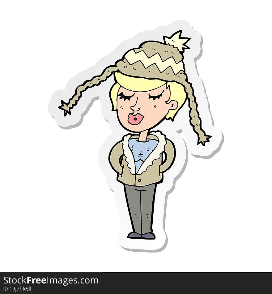 sticker of a cartoon woman wearing winter hat