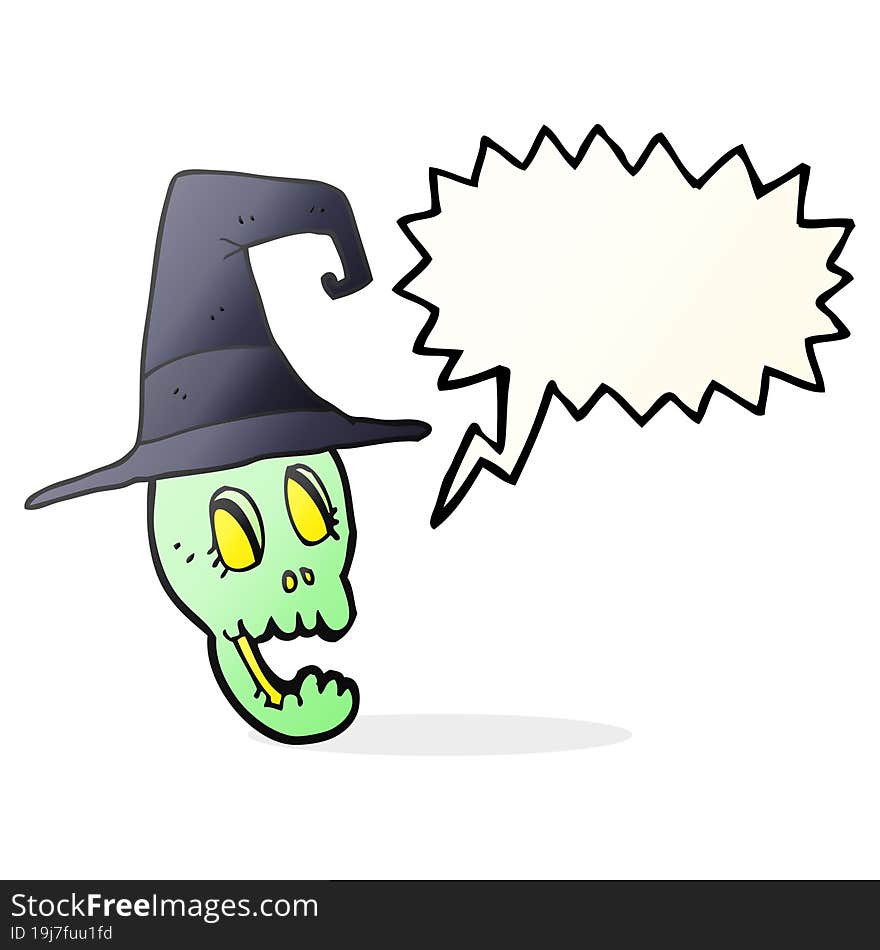 speech bubble cartoon skull wearing witch hat