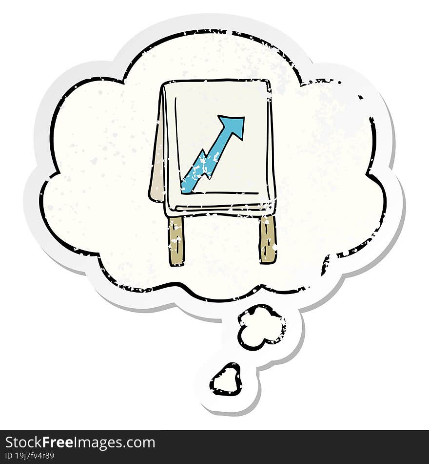 cartoon business chart with arrow with thought bubble as a distressed worn sticker