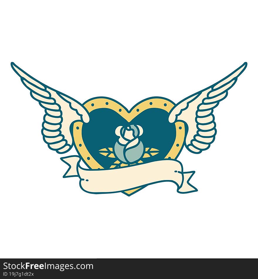 Tattoo Style Icon Of A Flying Heart With Flowers And Banner