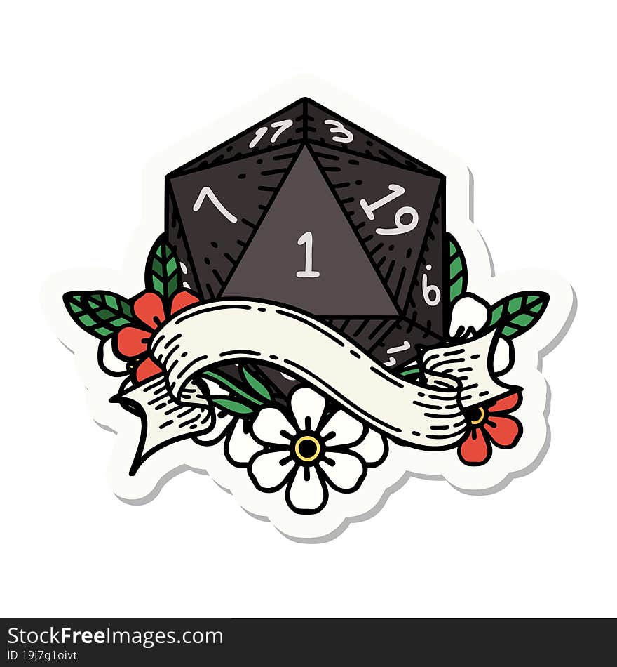 sticker of a natural one d20 dice roll. sticker of a natural one d20 dice roll