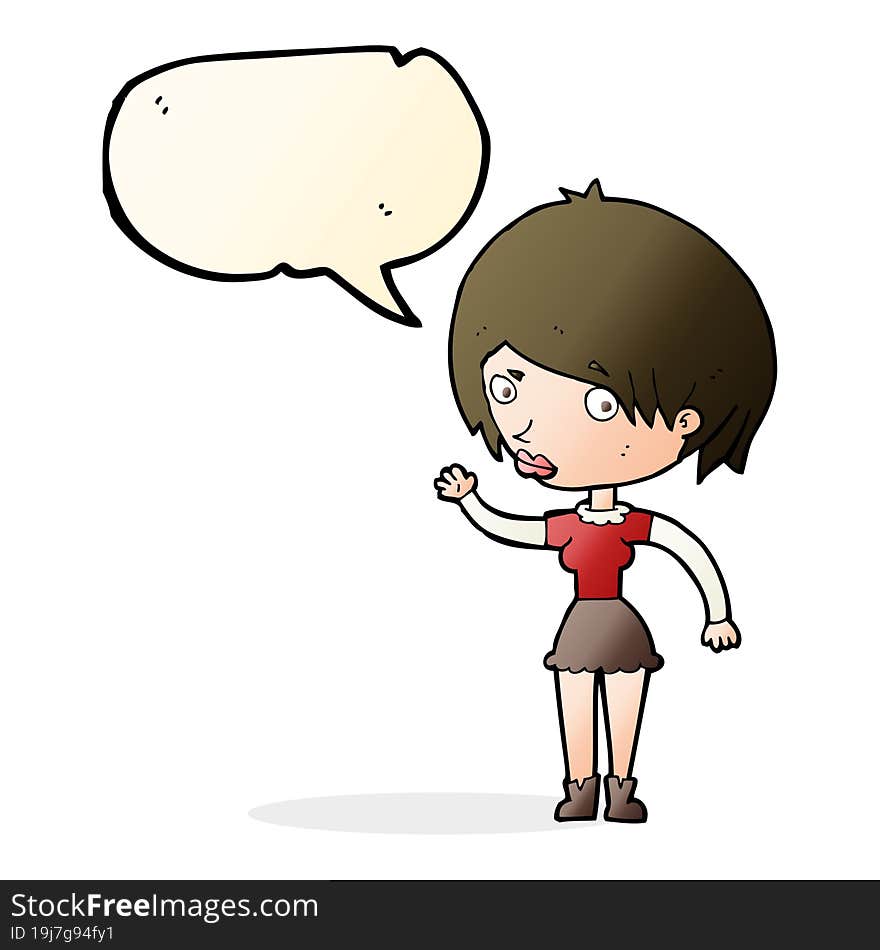 Cartoon Waving Woman With Speech Bubble