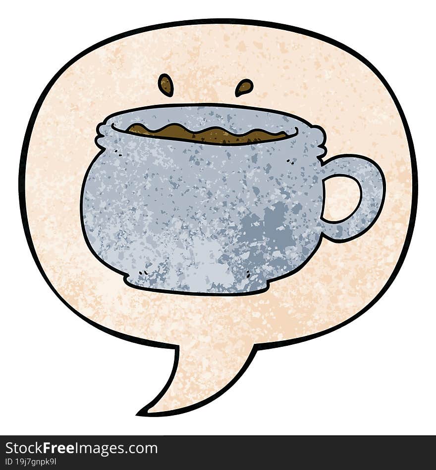 cartoon hot cup of coffee with speech bubble in retro texture style