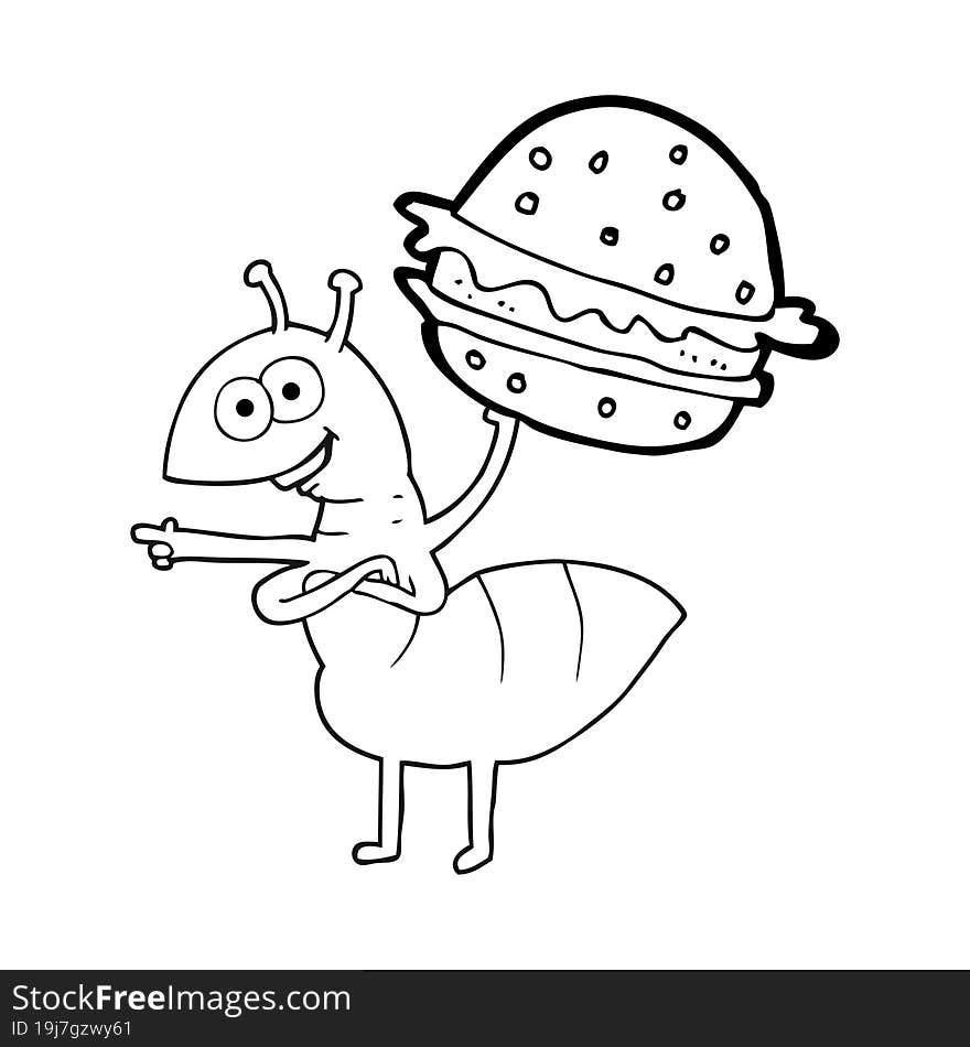 freehand drawn black and white cartoon ant carrying food