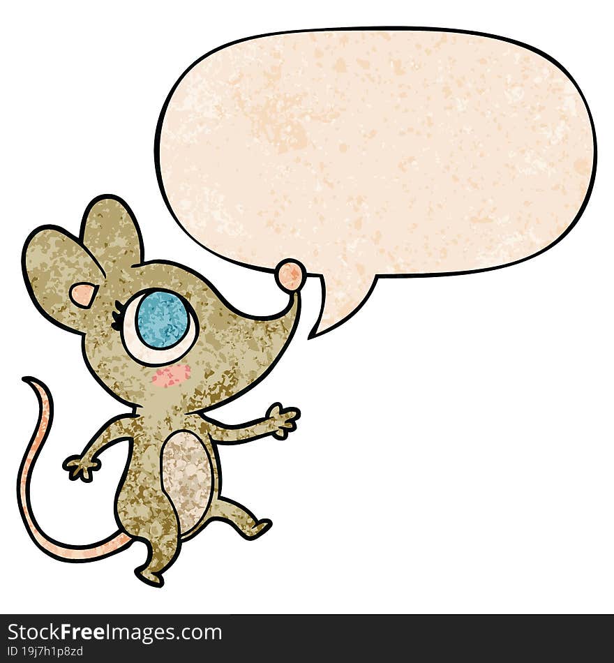 cute cartoon mouse and speech bubble in retro texture style