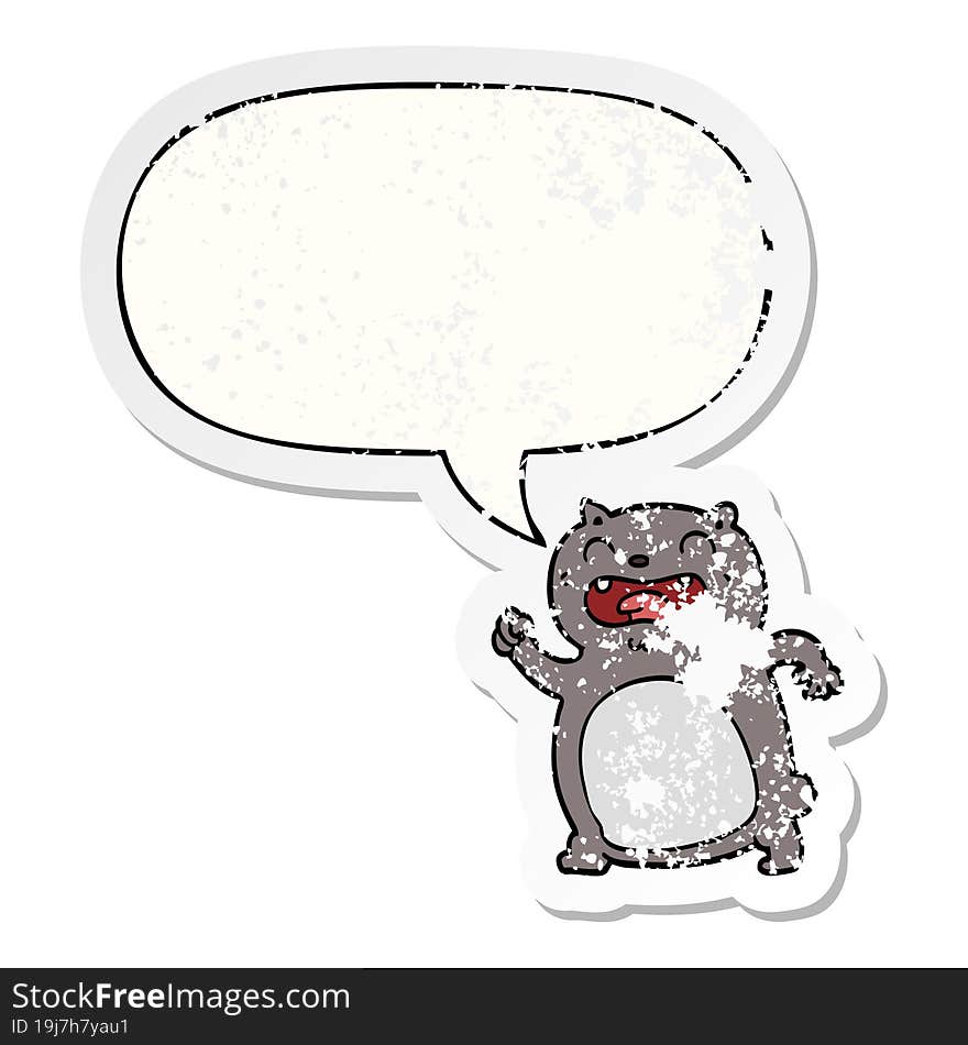 cartoon cat with speech bubble distressed distressed old sticker. cartoon cat with speech bubble distressed distressed old sticker