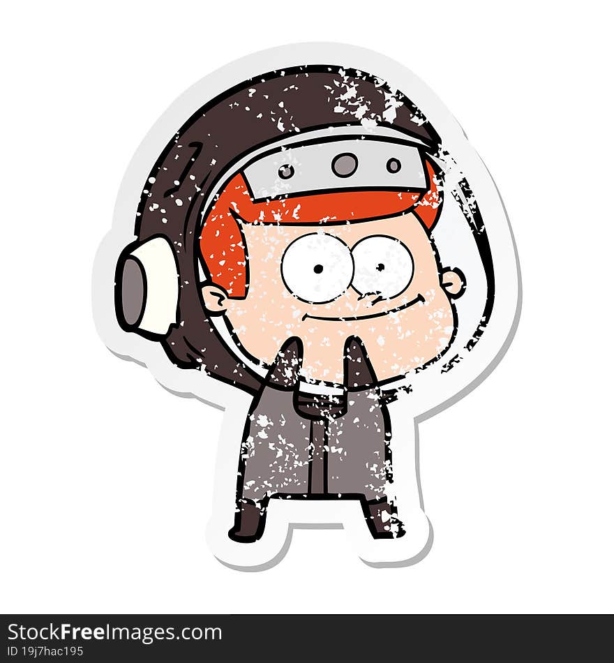 distressed sticker of a happy astronaut cartoon