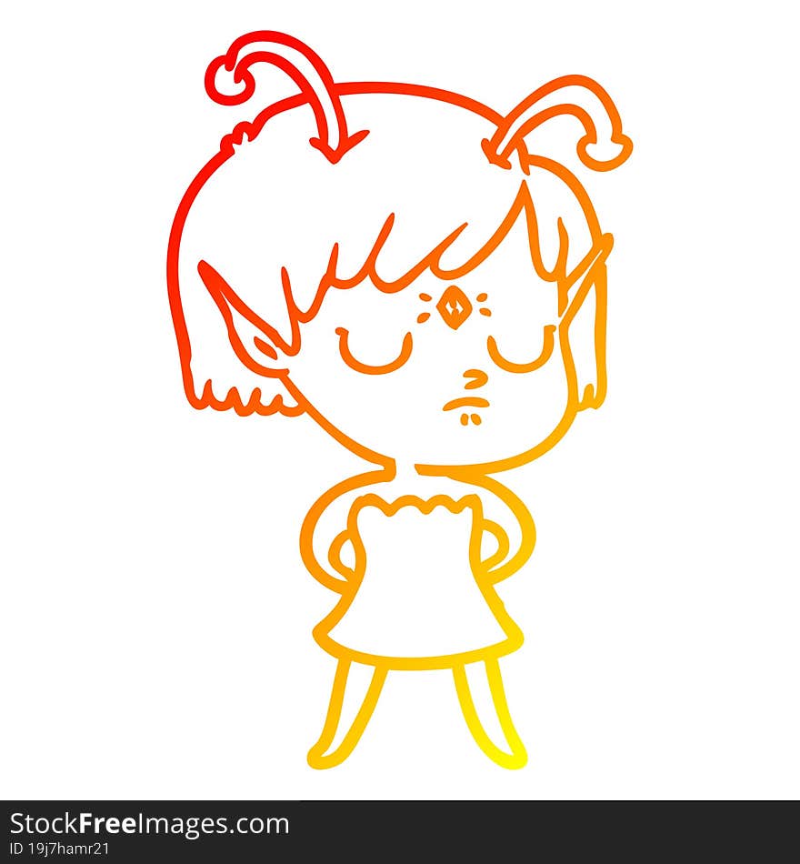 warm gradient line drawing of a cartoon alien girl