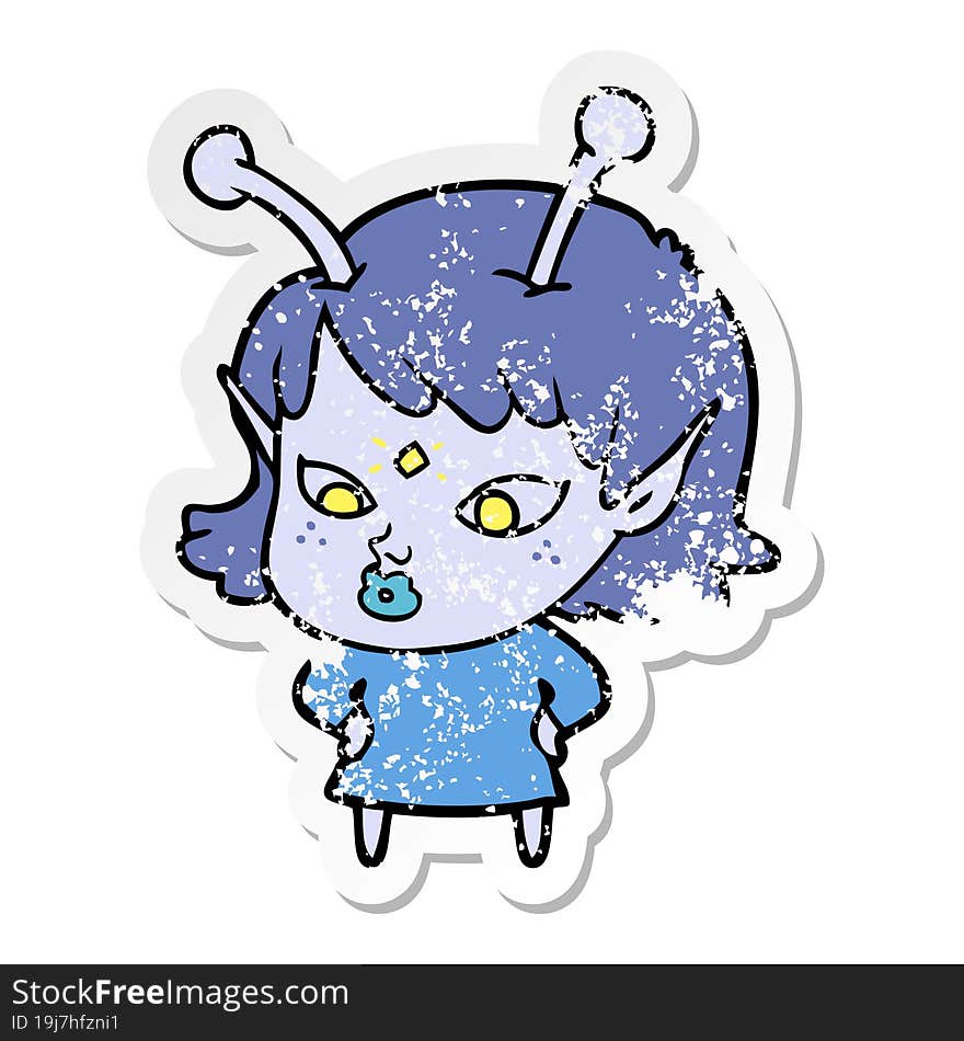 distressed sticker of a pretty cartoon alien girl