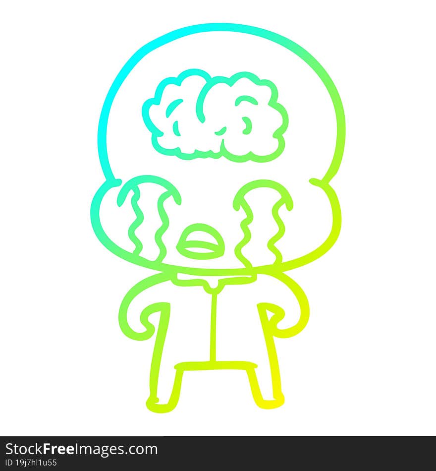 cold gradient line drawing of a cartoon big brain alien crying