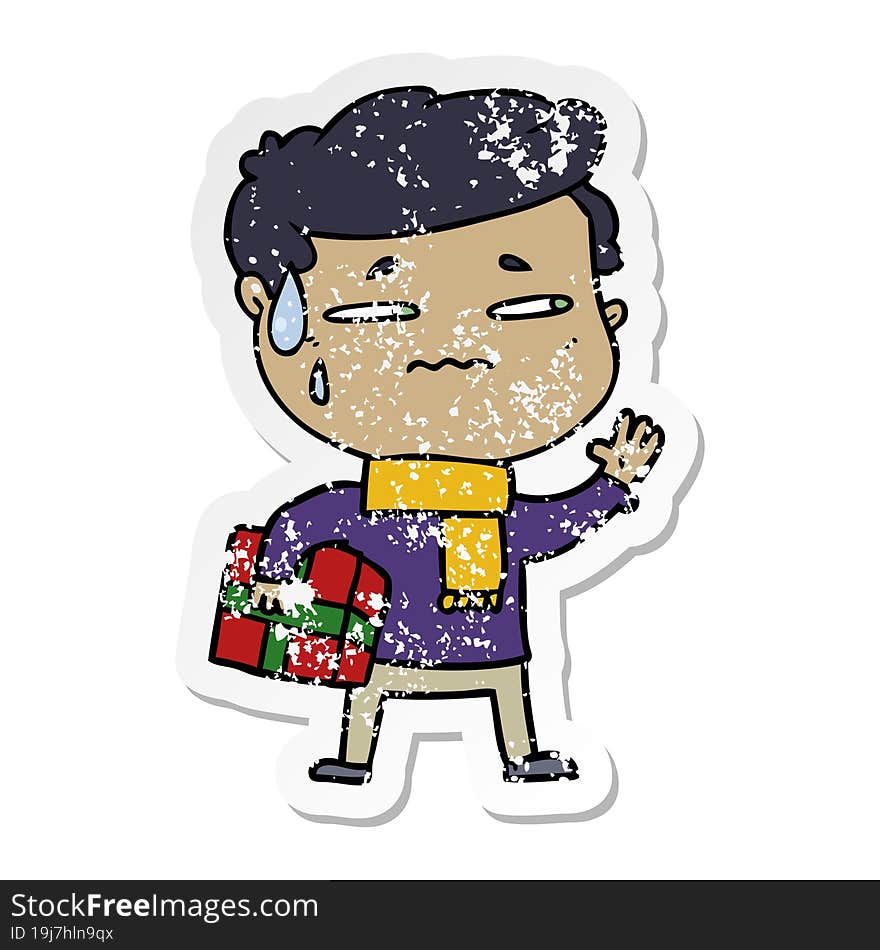 distressed sticker of a cartoon anxious man with christmas gift