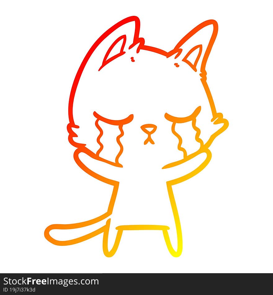 warm gradient line drawing of a crying cartoon cat