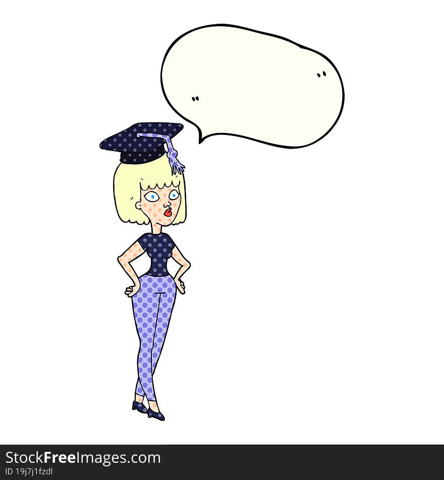 freehand drawn comic book speech bubble cartoon woman with graduation cap