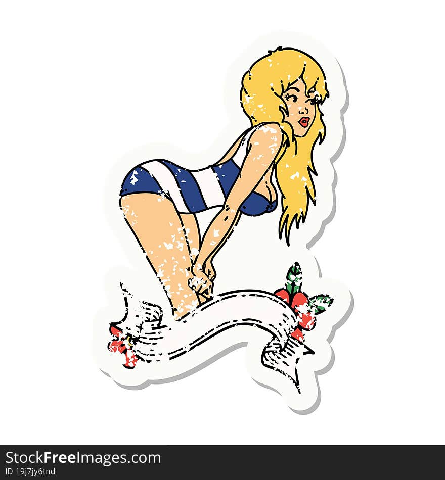 distressed sticker tattoo of a pinup girl in swimming costume with banner