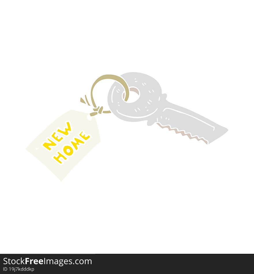 Flat Color Illustration Of A Cartoon House Key With New Home Tag