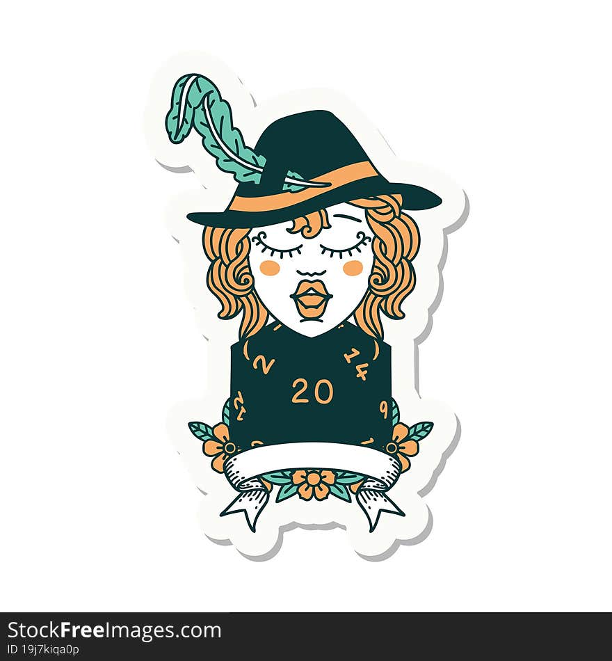 sticker of a human bard character with natural 20 dice roll. sticker of a human bard character with natural 20 dice roll