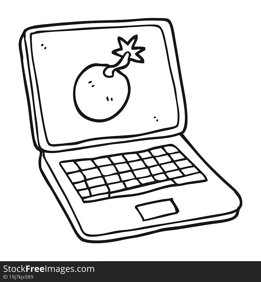 freehand drawn black and white cartoon laptop computer with error screen