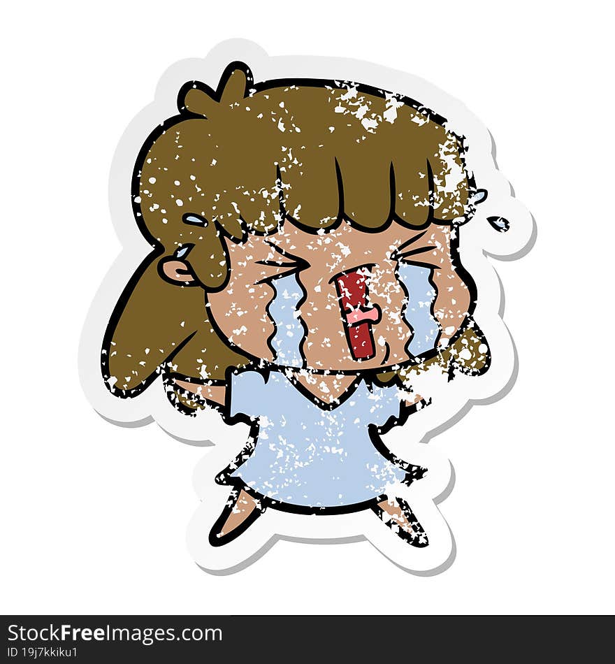 distressed sticker of a cartoon woman crying