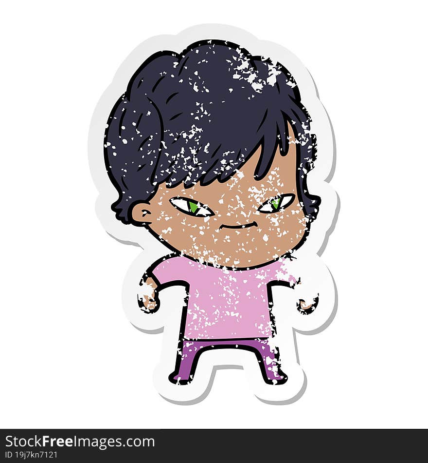 distressed sticker of a cartoon happy woman