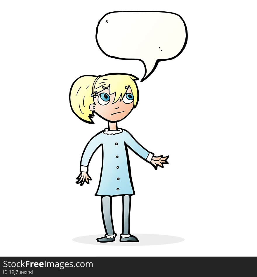 cartoon worried girl with speech bubble