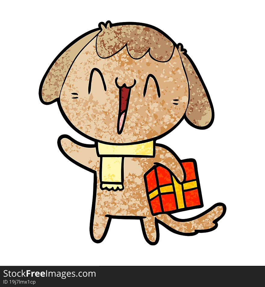 cute cartoon dog with christmas present. cute cartoon dog with christmas present