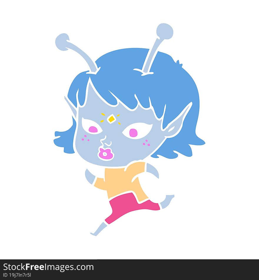 pretty flat color style cartoon alien girl running