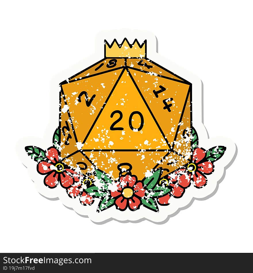 natural 20 D20 dice roll with floral elements grunge sticker