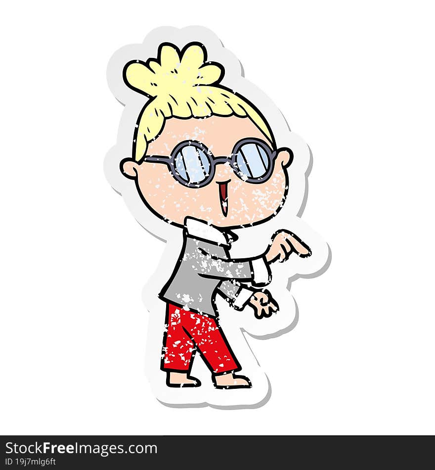 Distressed Sticker Of A Cartoon Woman Wearing Spectacles