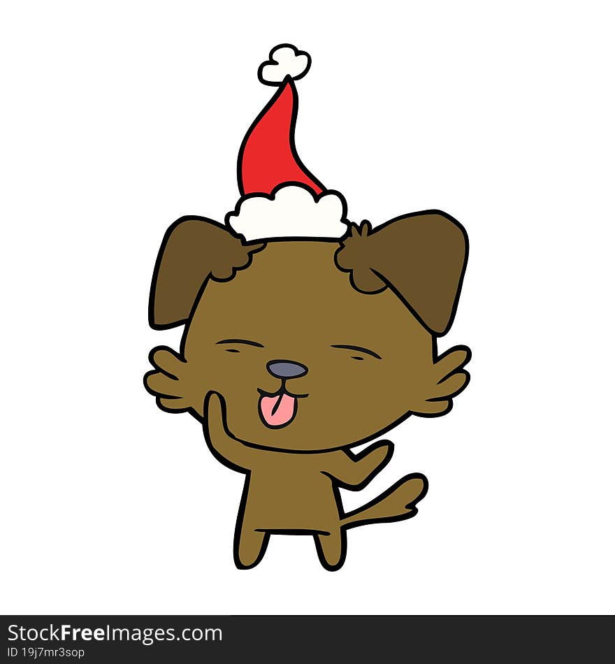 line drawing of a dog sticking out tongue wearing santa hat