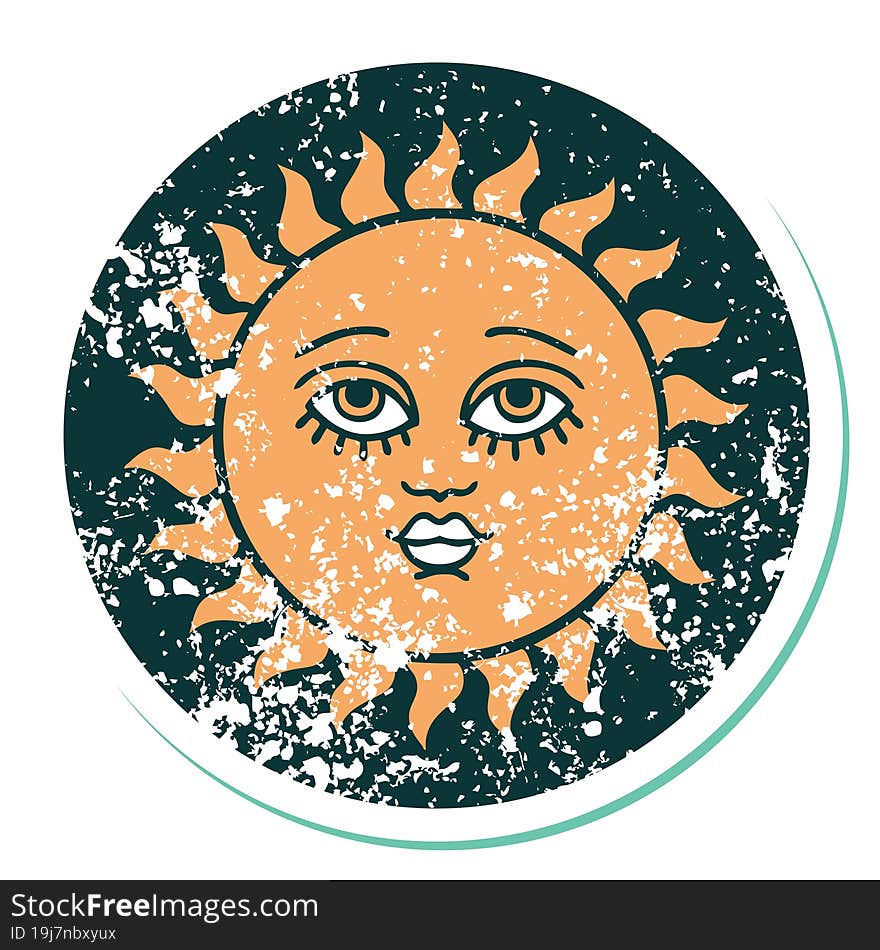 distressed sticker tattoo style icon of a sun with face