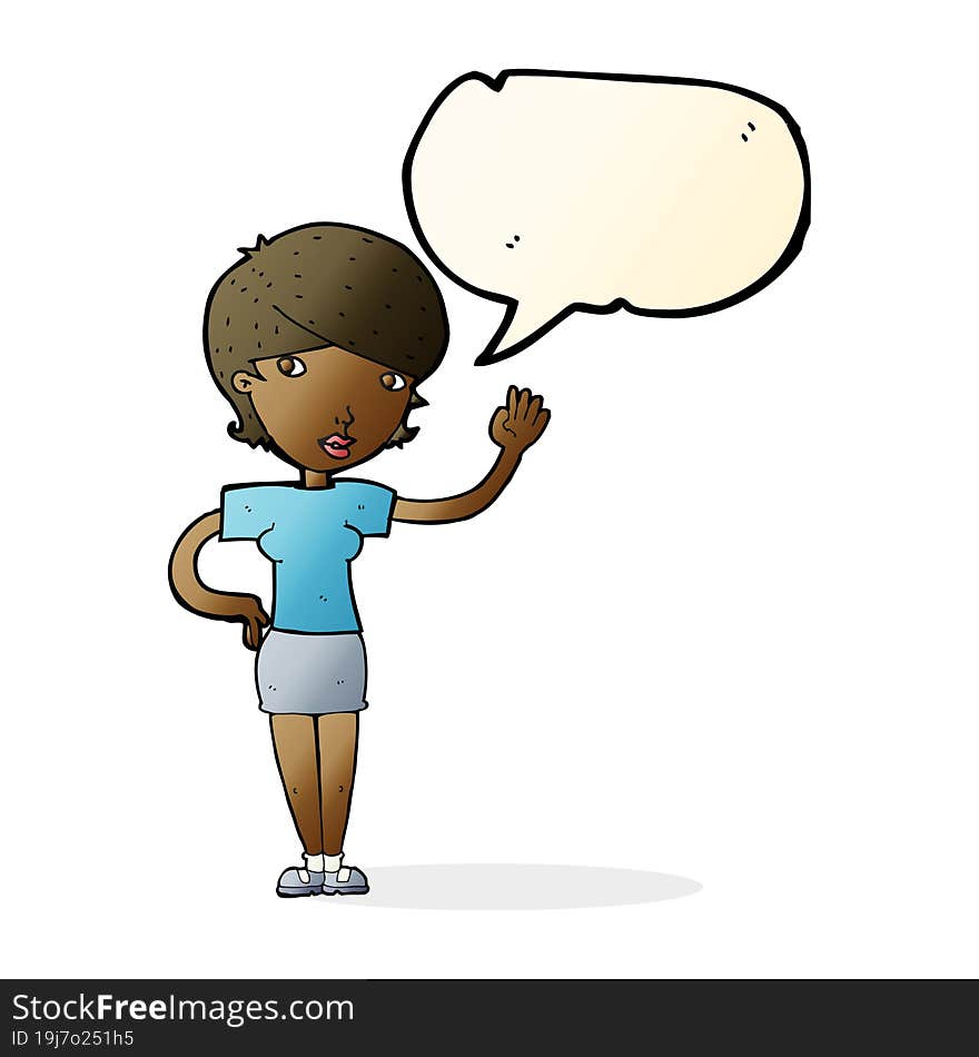 cartoon woman waving with speech bubble