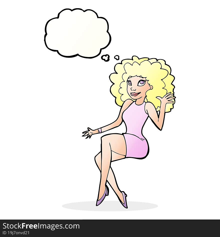 cartoon sitting woman waving with thought bubble