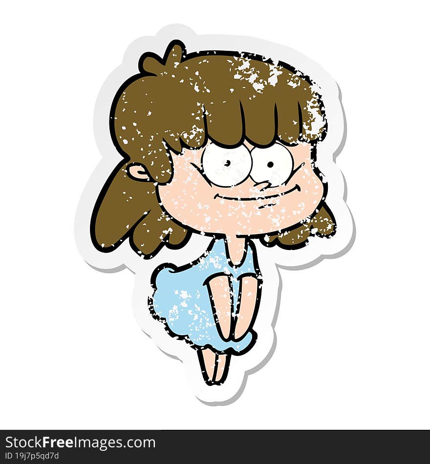 distressed sticker of a cartoon smiling woman