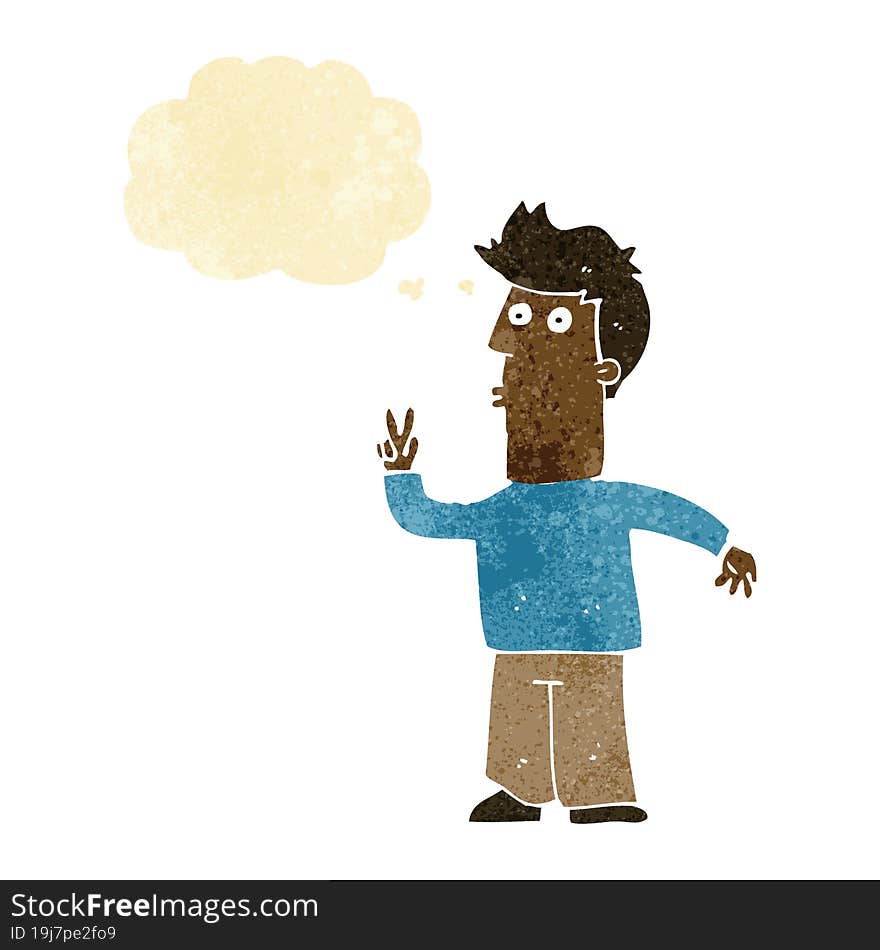 Cartoon Man Signalling With Hand With Thought Bubble