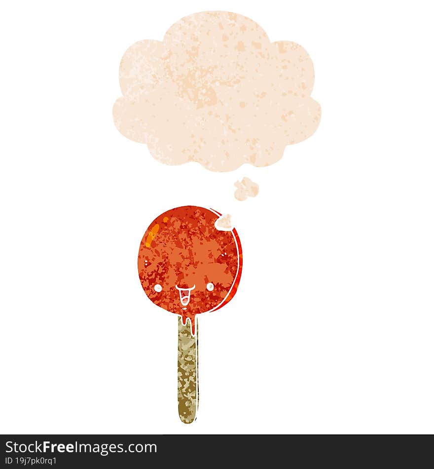 cartoon candy lollipop and thought bubble in retro textured style